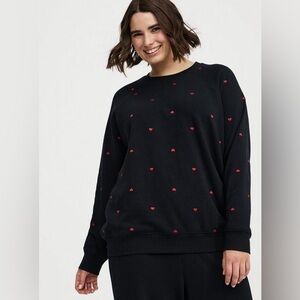 TORRID Cozy Black Fleece Raglan Sweatshirt with Red Embroidered Hearts